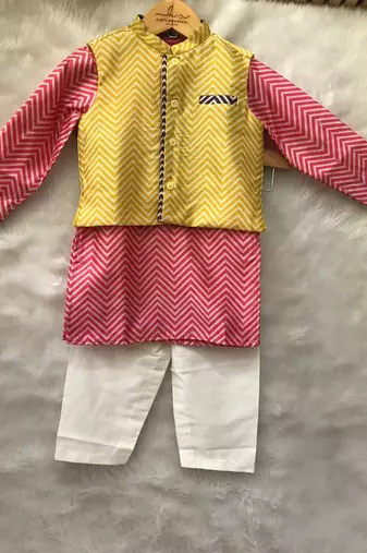 Pink Kurta with yellow bandi and Chudidar