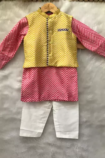 Pink Kurta with yellow bandi and Chudidar