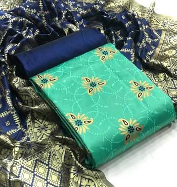  Green Banarasi silk Unstitched dress material 1