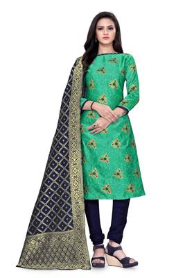  Green Banarasi silk Unstitched dress material 2