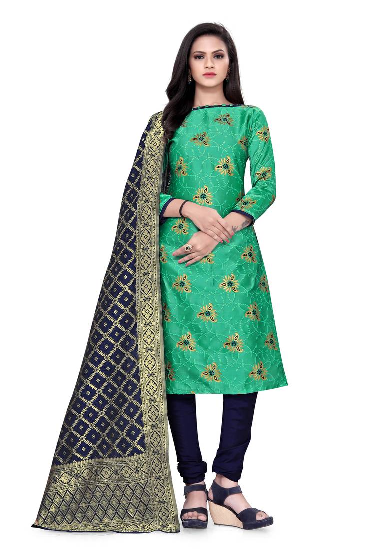 Green Banarasi silk Unstitched dress material