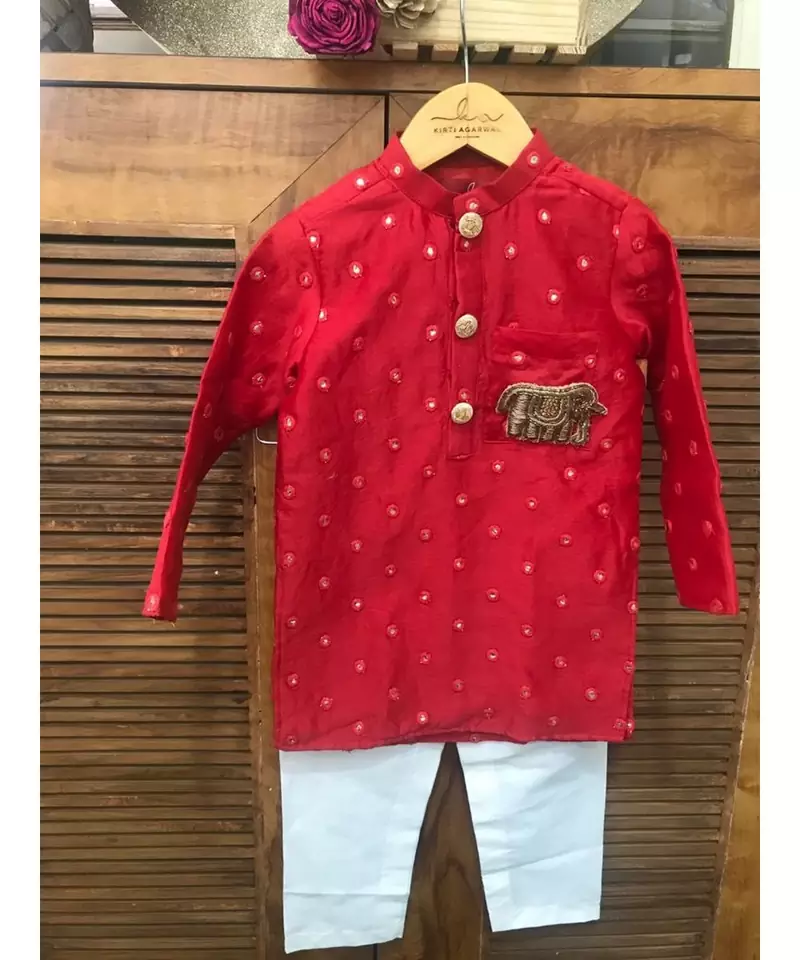 Red Chanderi Abla work kurta and Chudidar