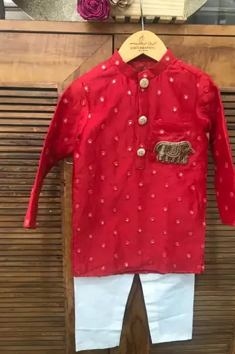 Red Chanderi Abla work kurta and Chudidar