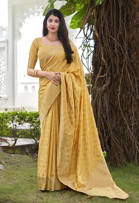 Yellow woven banarasi silk saree with blouse 1