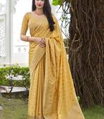 Yellow woven banarasi silk saree with blouse