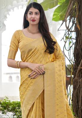 Yellow woven banarasi silk saree with blouse 2