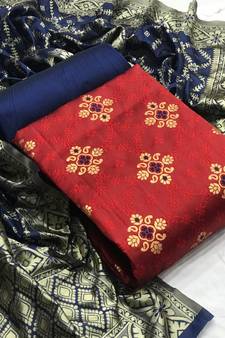  Red Banarasi silk Unstitched dress material