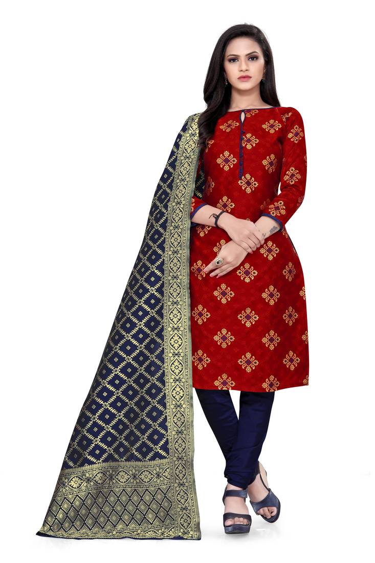  Red Banarasi silk Unstitched dress material