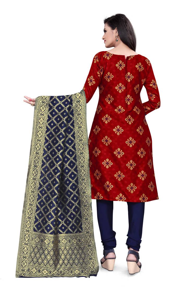  Red Banarasi silk Unstitched dress material