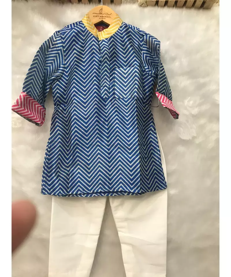 Blue Zig Zag Print Kurta with Abla work Jacket and Chudidar