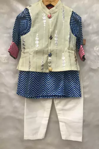 Blue Zig Zag Print Kurta with Abla work Jacket and Chudidar