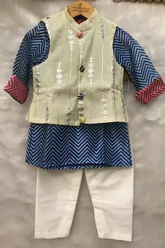 Blue Zig Zag Print Kurta with Abla work Jacket and Chudidar