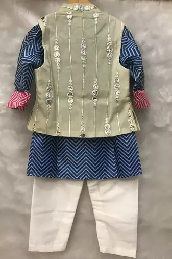 Blue Zig Zag Print Kurta with Abla work Jacket and Chudidar