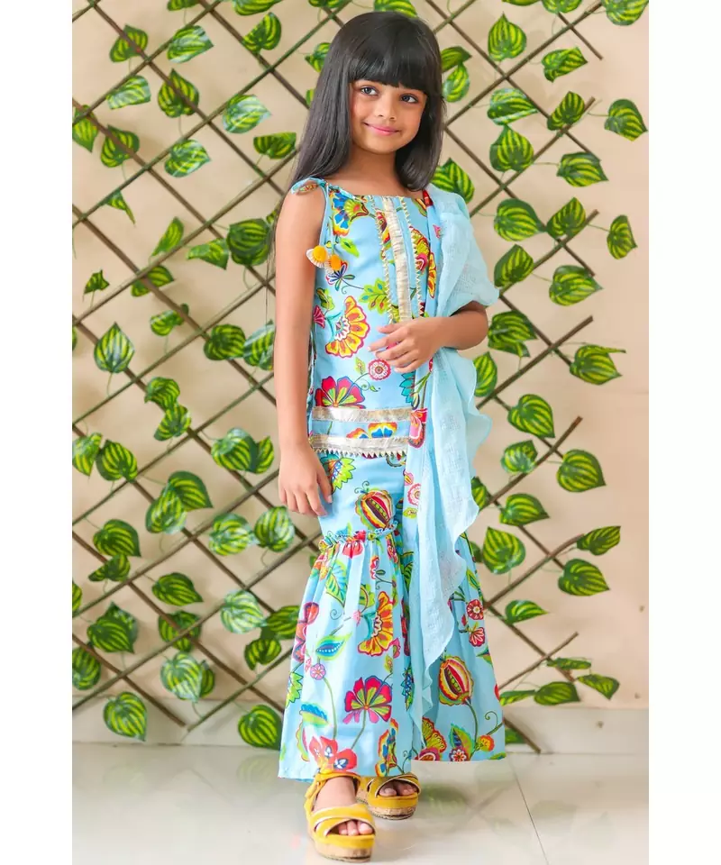 Flower Print Short Kurta with Sharara and Dupatta