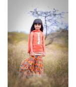 Orange Printed Short Kurta with Flower print sharara and Dupatta