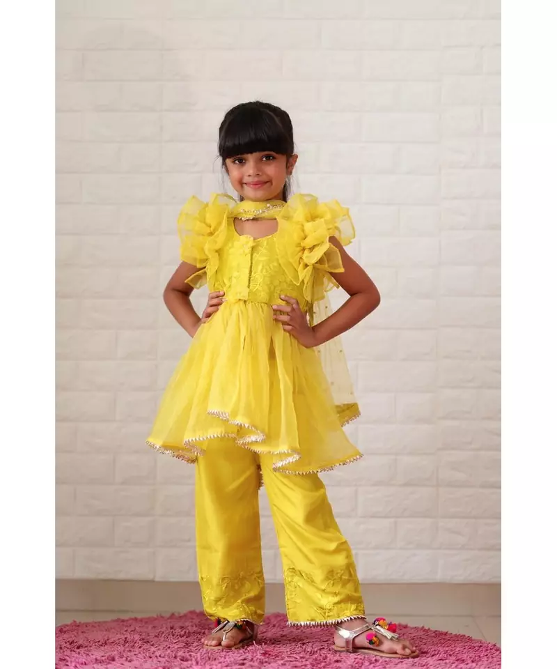 Embroidered top with up down pattern and frilled duppata and bottom