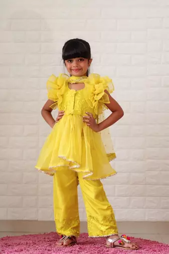 Embroidered top with up down pattern and frilled duppata and bottom