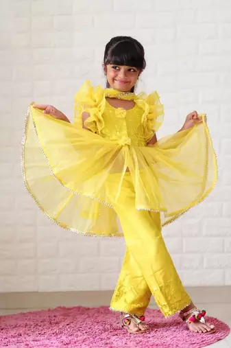 Embroidered top with up down pattern and frilled duppata and bottom