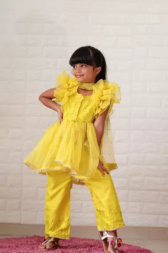 Embroidered top with up down pattern and frilled duppata and bottom