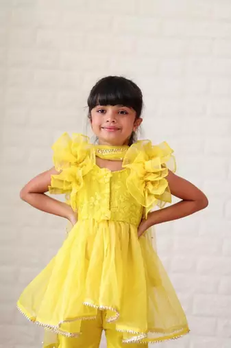 Embroidered top with up down pattern and frilled duppata and bottom