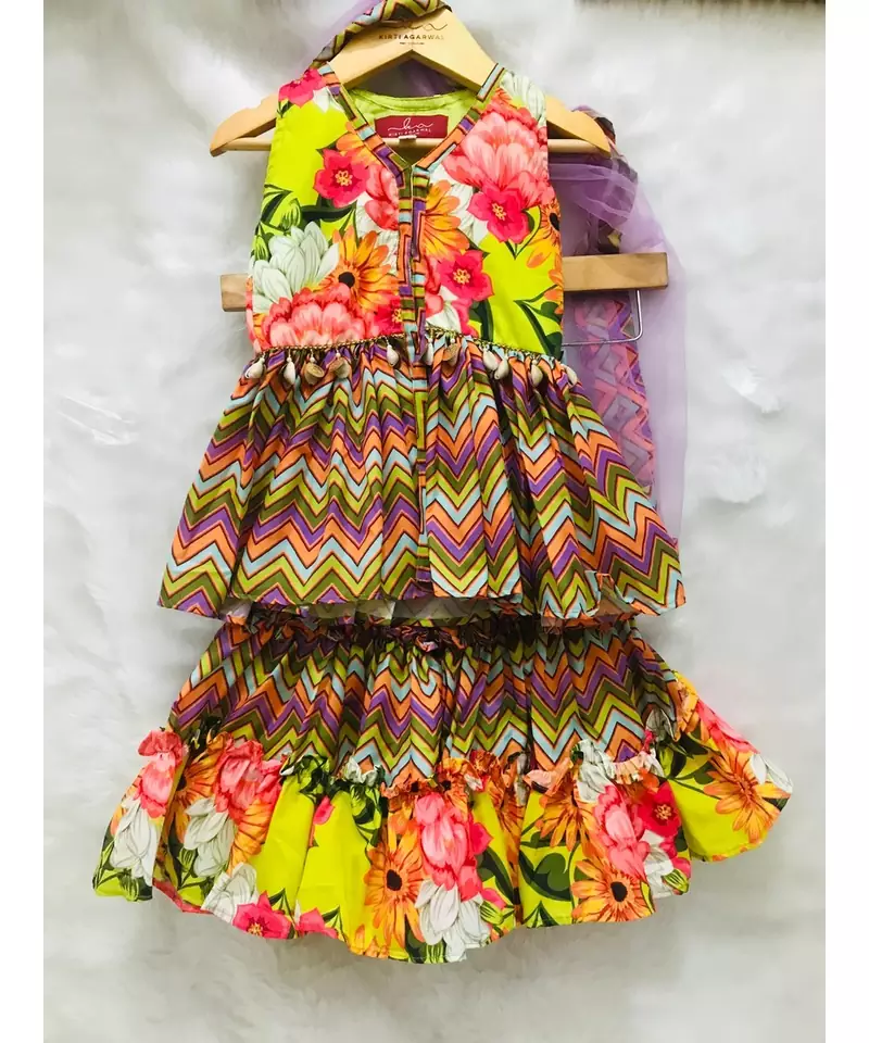 Flower Print Short Kurta with Net Dupatta and Sharara