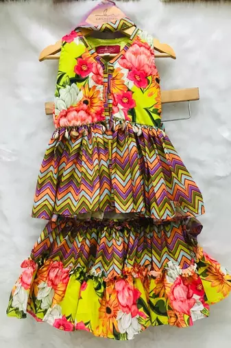 Flower Print Short Kurta with Net Dupatta and Sharara