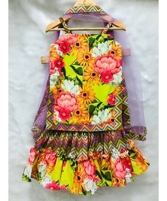 Flower Print Short Kurta with Net Dupatta and Sharara 4