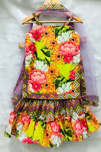Flower Print Short Kurta with Net Dupatta and Sharara