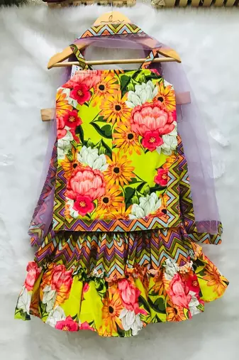 Flower Print Short Kurta with Net Dupatta and Sharara