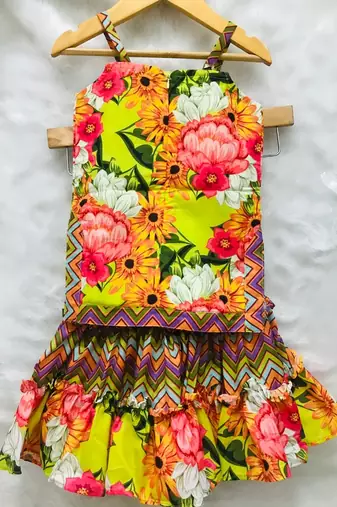Flower Print Short Kurta with Net Dupatta and Sharara