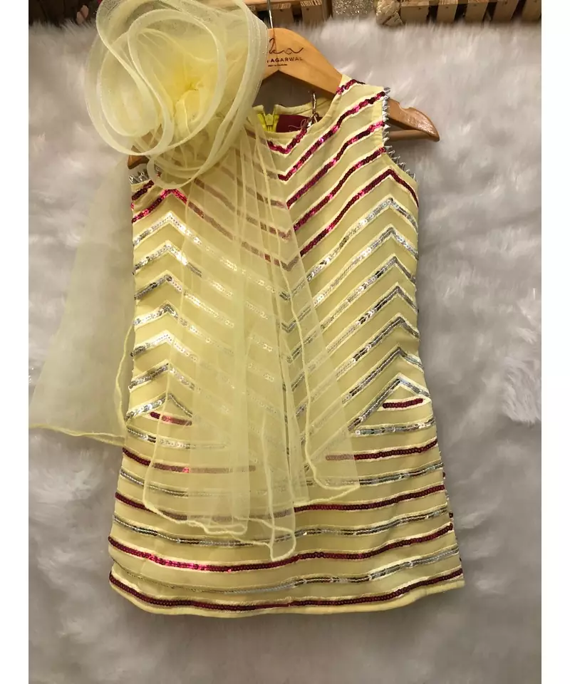 Short Sequin work kurta with attached flower dupatta and Dhoti