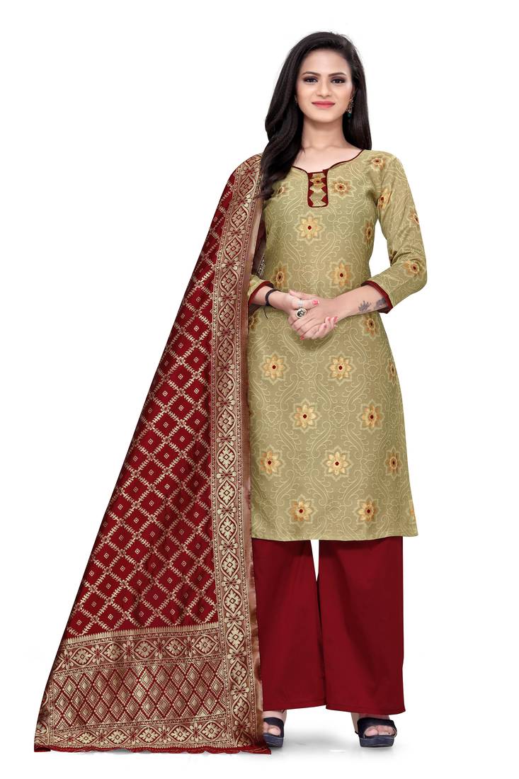  Beige Banarasi silk Unstitched dress material
