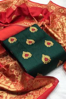 VredeVogel Green red Banarasi silk Unstitched dress material