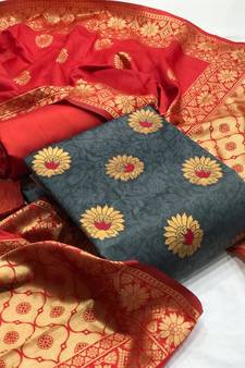  Grey red Banarasi silk Unstitched dress material