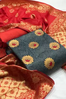  Grey red Banarasi silk Unstitched dress material