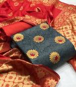  Grey red Banarasi silk Unstitched dress material