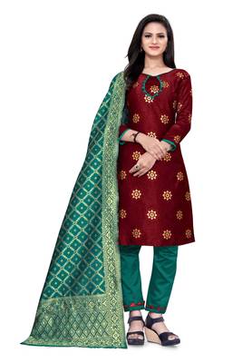  Maroon Banarasi silk Unstitched dress material 2