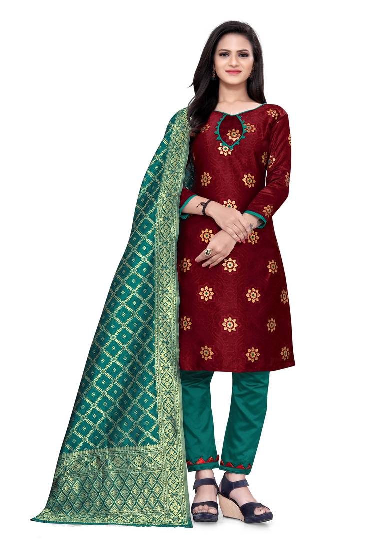  Maroon Banarasi silk Unstitched dress material