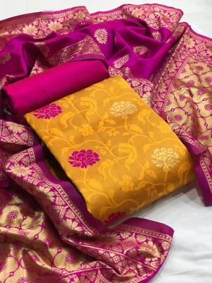  Yellow pink Banarasi silk Unstitched dress material 1