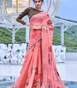 Peach printed organza saree with blouse