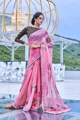Pink printed organza saree with blouse 1