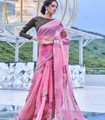 Pink printed organza saree with blouse