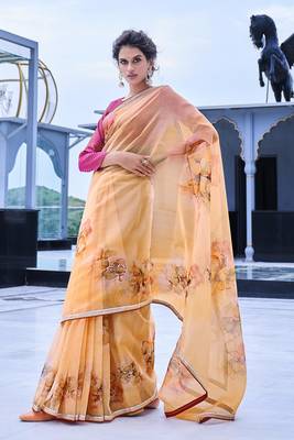 Light yellow printed organza saree with blouse 1