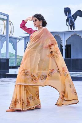 Light yellow printed organza saree with blouse 2
