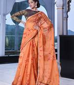 Orange printed organza saree with blouse