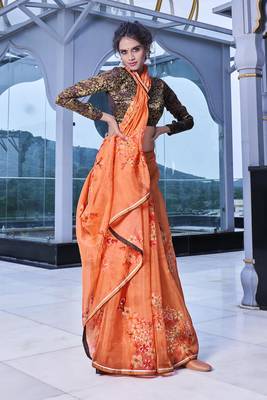 Orange printed organza saree with blouse 3