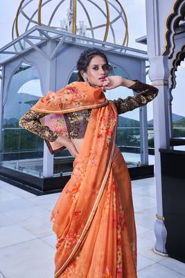 Orange printed organza saree with blouse 5