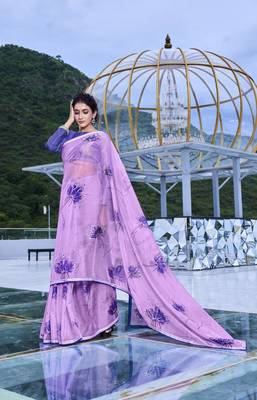 Lavender printed organza saree with blouse 1