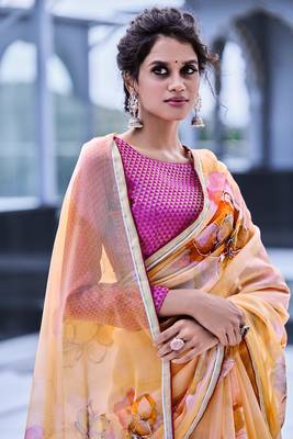 Mustard printed organza saree with blouse 2
