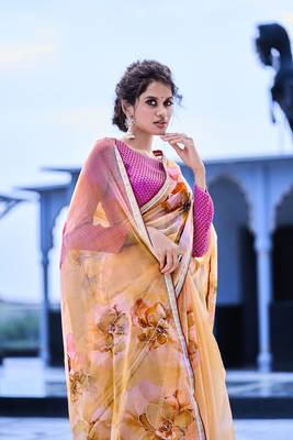 Mustard printed organza saree with blouse 3